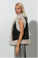 Sheepskin jacket αμάνικο με γούνινες λεπτομέρειες και λουράκια ανθρακί-μπεζ