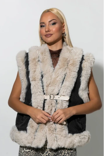 Sheepskin jacket αμάνικο με γούνινες λεπτομέρειες και λουράκια ανθρακί-μπεζ