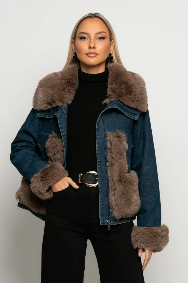 Jean jacket με γούνινες λεπτομέρειες μπλε Jean jacket με γούνινες λεπτομέρειες μπλε