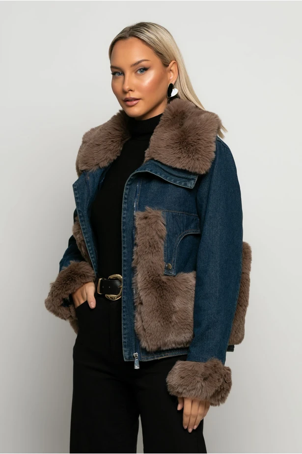 Jean jacket με γούνινες λεπτομέρειες μπλε Jean jacket με γούνινες λεπτομέρειες μπλε