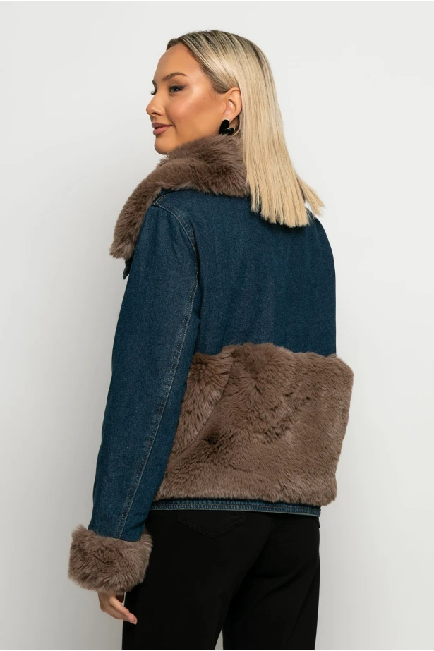 Jean jacket με γούνινες λεπτομέρειες μπλε Jean jacket με γούνινες λεπτομέρειες μπλε