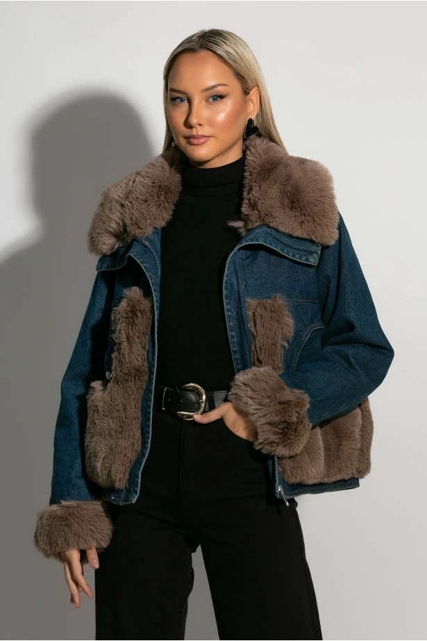 Jean jacket με γούνινες λεπτομέρειες μπλε Jean jacket με γούνινες λεπτομέρειες μπλε