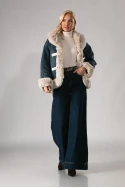Jean jacket με γούνινες λεπτομέρειες και λουράκια μπλε-μπεζ