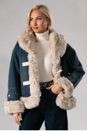 Jean jacket με γούνινες λεπτομέρειες και λουράκια μπλε-μπεζ
