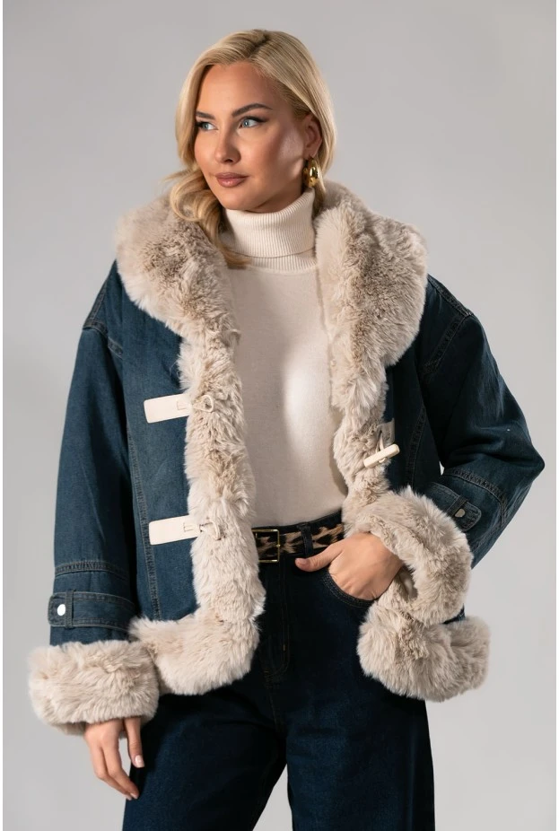 Jean jacket με γούνινες λεπτομέρειες και λουράκια μπλε-μπεζ