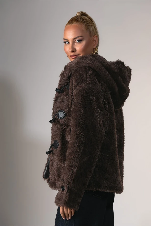 Jacket απο συνθετική γούνα και κουκούλα καφέ
