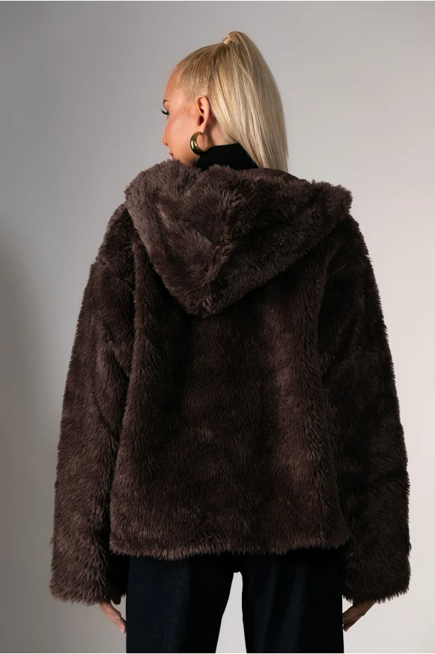 Jacket απο συνθετική γούνα και κουκούλα καφέ