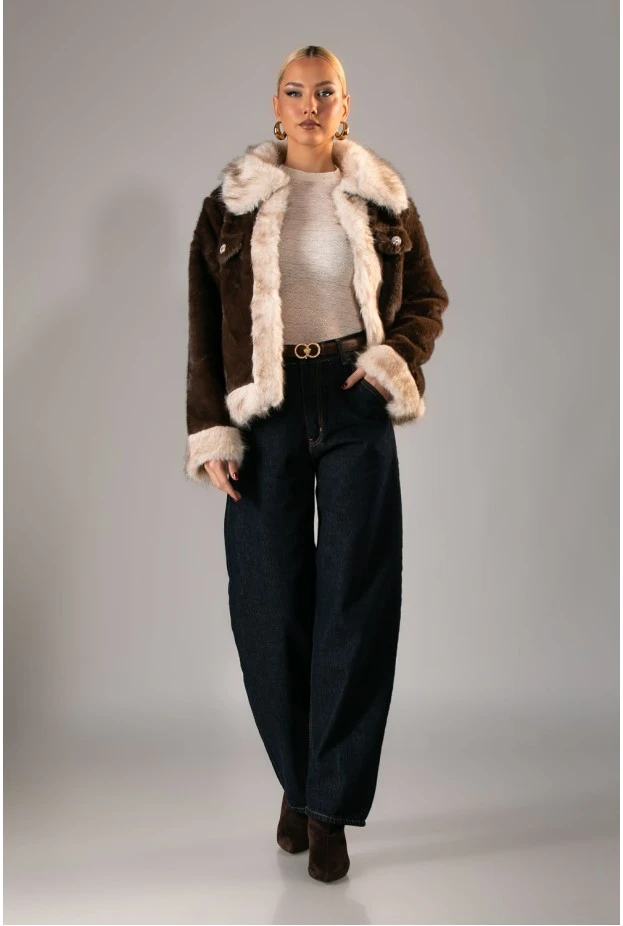 Γούνινο jacket με διχρωμία καφέ