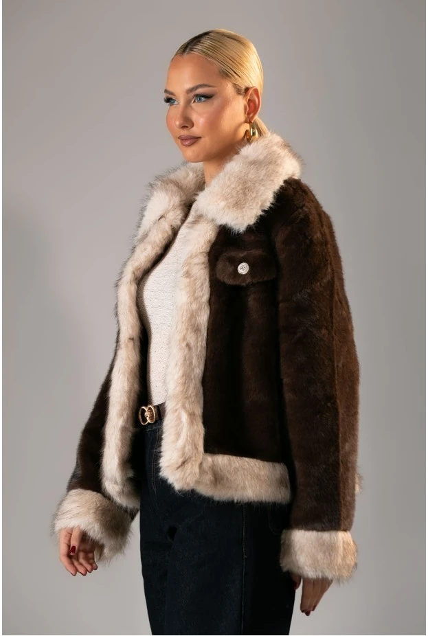 Γούνινο jacket με διχρωμία καφέ