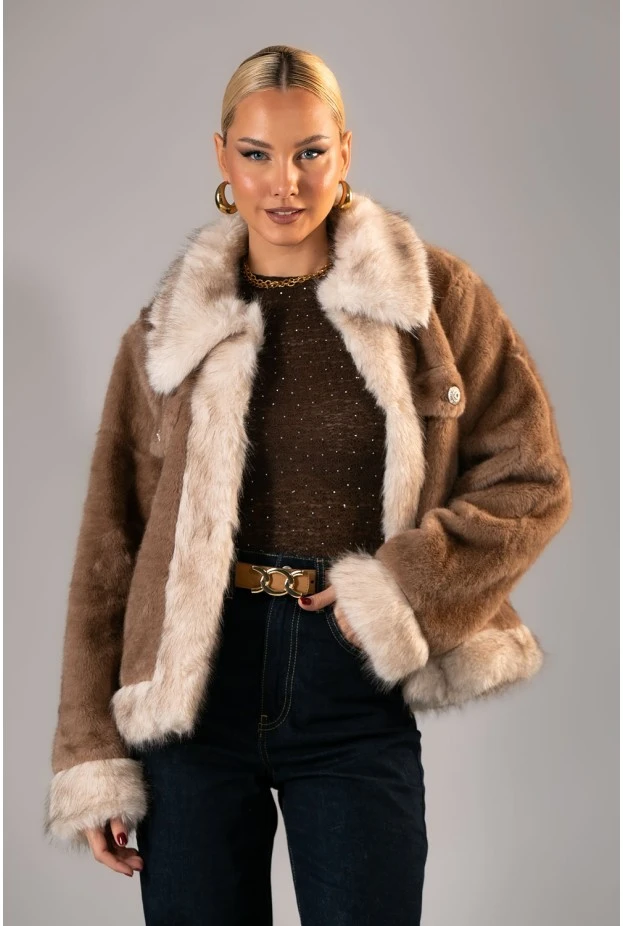 Γούνινο jacket με διχρωμία μπεζ σκούρο