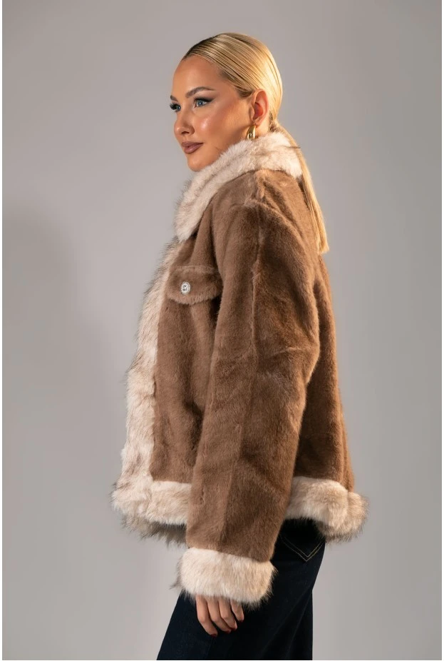Γούνινο jacket με διχρωμία μπεζ σκούρο