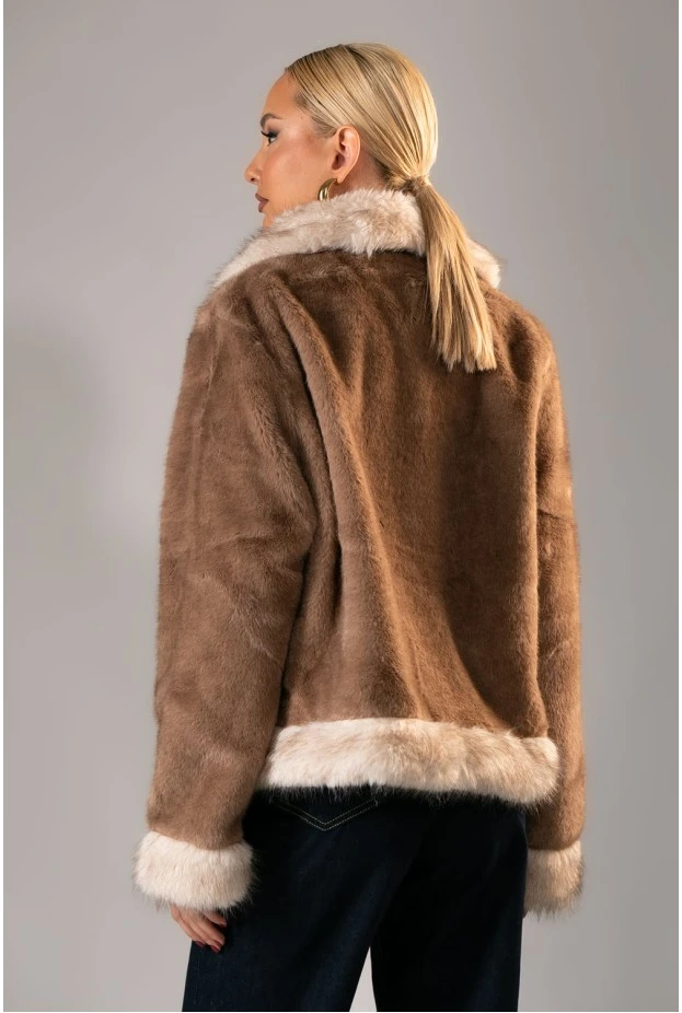 Γούνινο jacket με διχρωμία μπεζ σκούρο