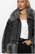 Jean jacket με γούνινες λεπτομέρειες ανθρακί