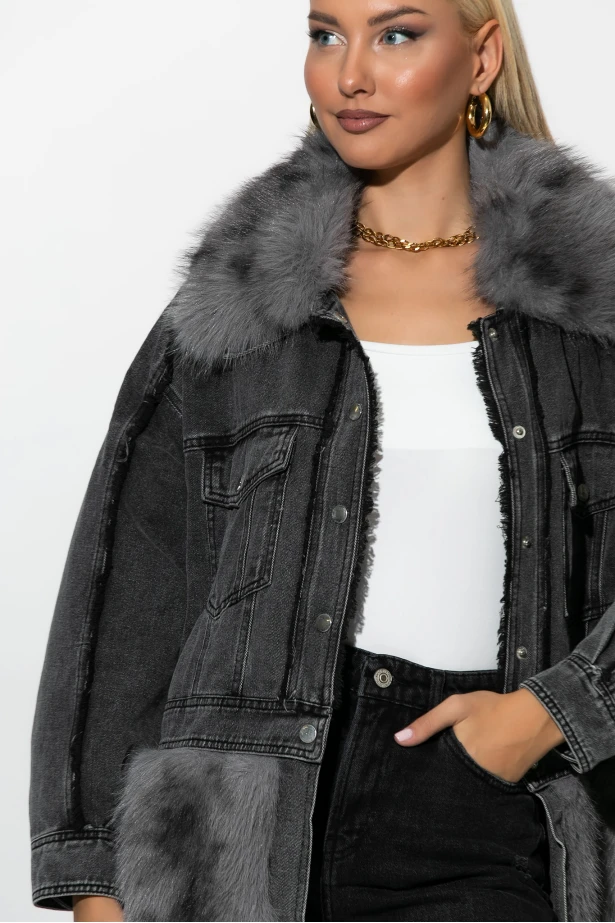 Jean jacket με γούνινες λεπτομέρειες ανθρακί