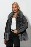 Jean jacket με γούνινες λεπτομέρειες ανθρακί