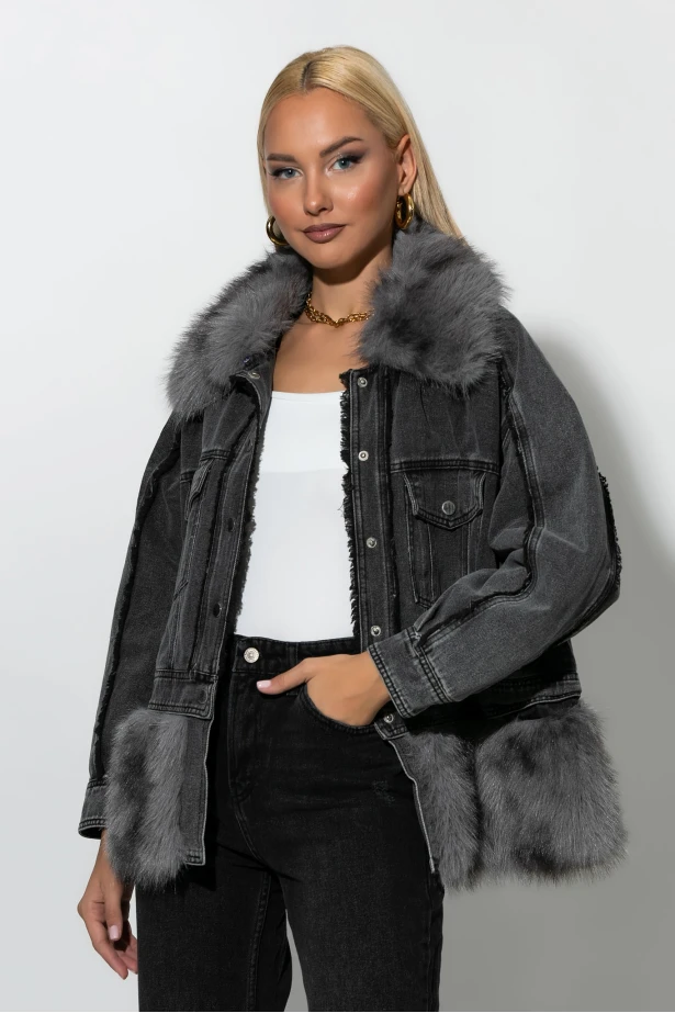 Jean jacket με γούνινες λεπτομέρειες ανθρακί