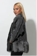 Jean jacket με γούνινες λεπτομέρειες ανθρακί