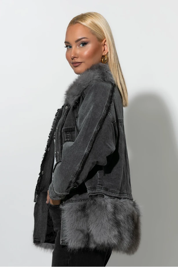 Jean jacket με γούνινες λεπτομέρειες ανθρακί