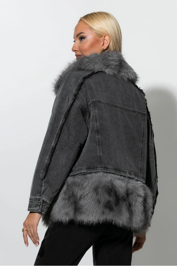 Jean jacket με γούνινες λεπτομέρειες ανθρακί