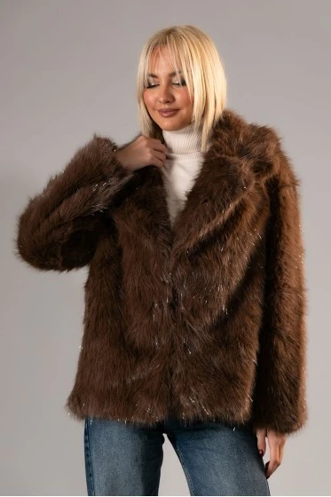 Γούνινο jacket με ιριδίζουσες λεπτομέρειες καφέ