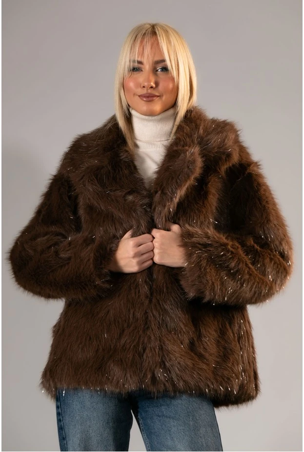 Γούνινο jacket με ιριδίζουσες λεπτομέρειες καφέ