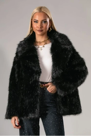 Γούνινο jacket με ιριδίζουσες λεπτομέρειες καφέ