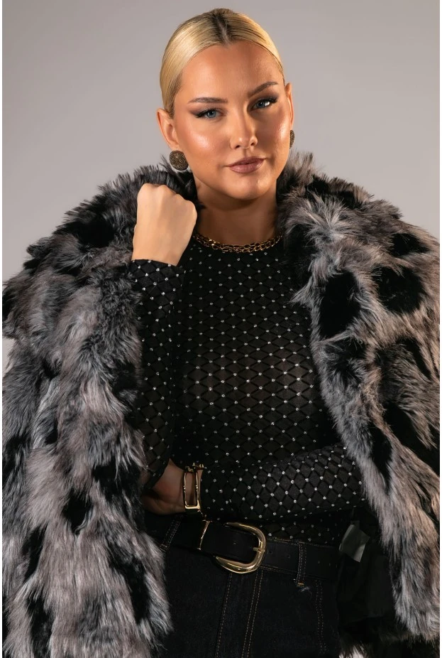 Γούνινο jacket cow print γκρι-μαύρο