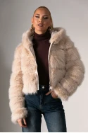 Γούνινο cropped jacket με κουκούλα μπεζ