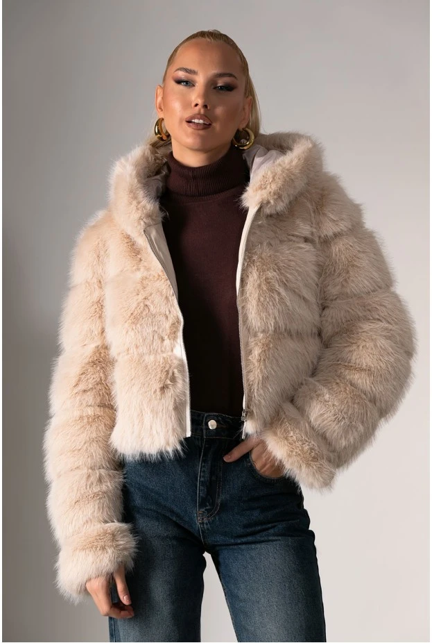 Γούνινο cropped jacket με κουκούλα μπεζ
