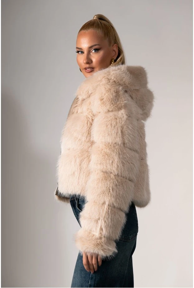 Γούνινο cropped jacket με κουκούλα μπεζ