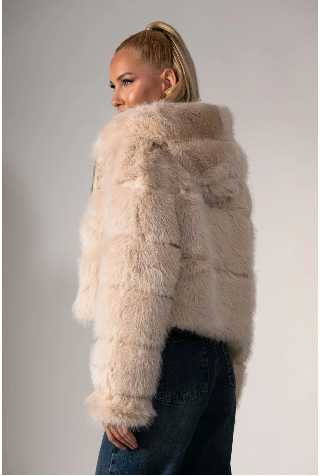 Γούνινο cropped jacket με κουκούλα μπεζ