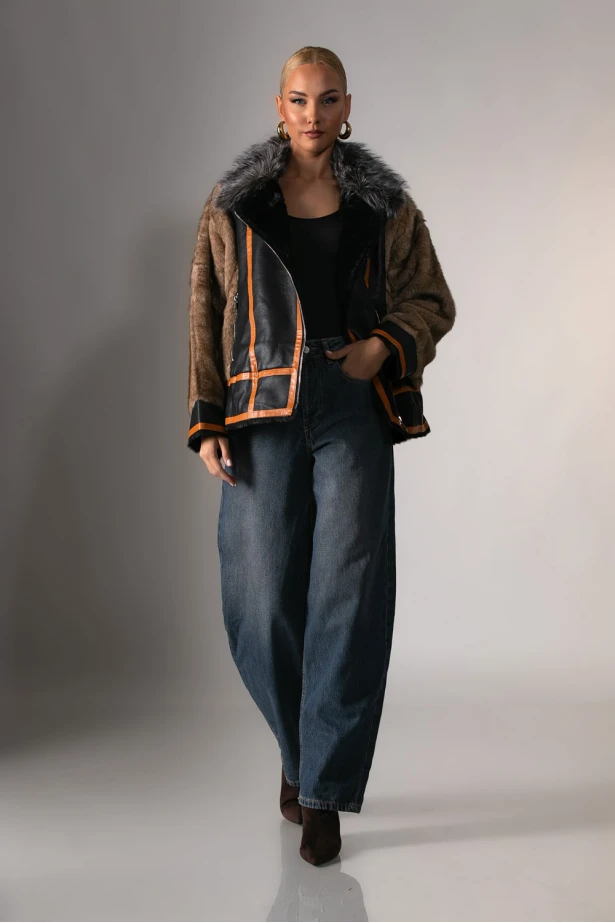 Leather jacket με γούνινες λεπτομέρειες καφέ