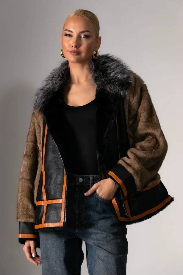 Leather jacket με γούνινες λεπτομέρειες καφέ