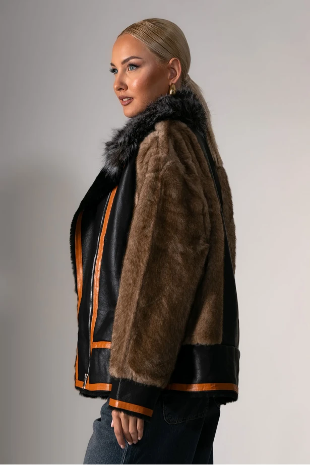 Leather jacket με γούνινες λεπτομέρειες καφέ