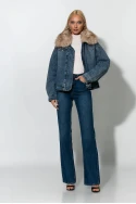 Jean jacket με στρας και γούνινο γιακά μπλε 
