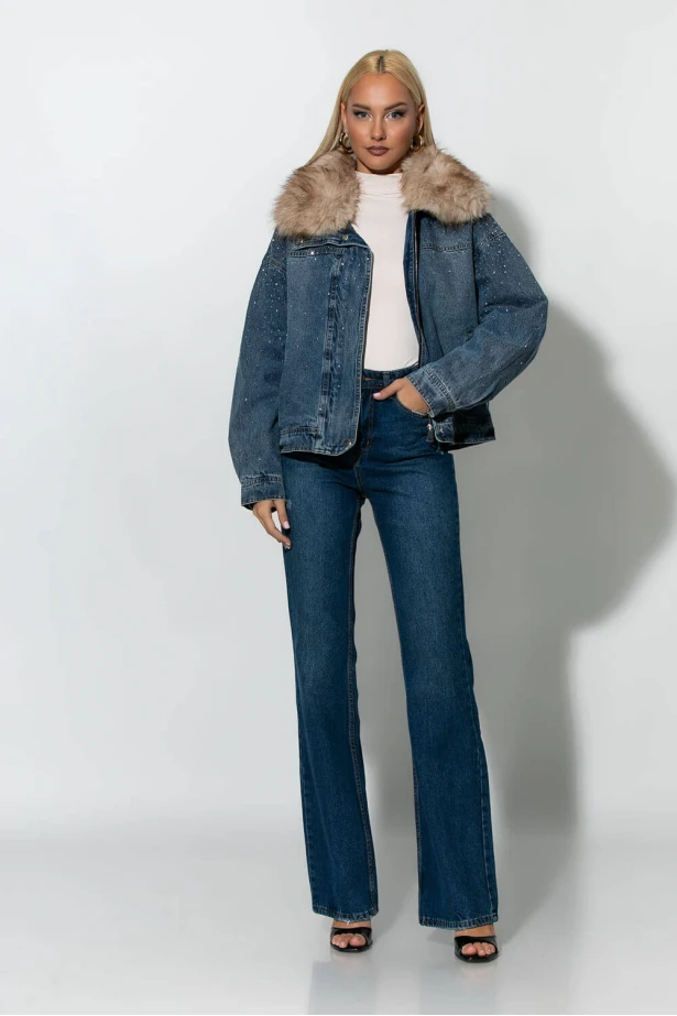 Jean jacket με στρας και γούνινο γιακά μπλε 