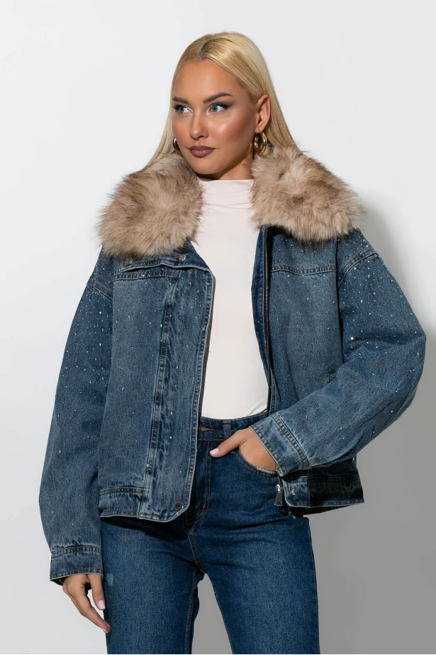 Jean jacket με στρας και γούνινο γιακά μπλε 