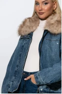 Jean jacket με στρας και γούνινο γιακά μπλε 