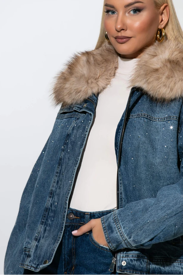 Jean jacket με στρας και γούνινο γιακά μπλε 