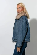 Jean jacket με στρας και γούνινο γιακά μπλε 