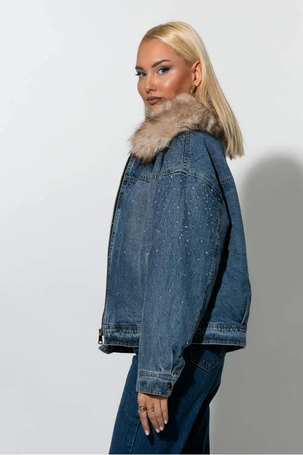Jean jacket με στρας και γούνινο γιακά μπλε 