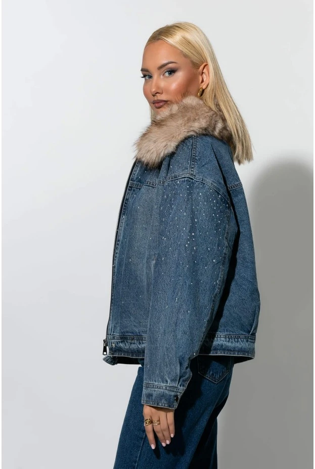 Jean jacket με στρας και γούνινο γιακά μπλε 