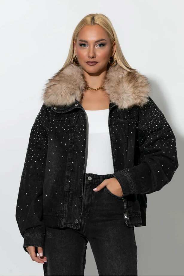 Jean jacket με στρας και γούνινο γιακά μαύρο