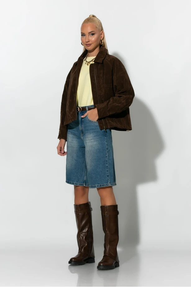Jacket σουεντ με φερμουάρ καφέ