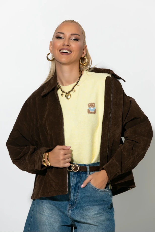 Jacket σουεντ με φερμουάρ καφέ
