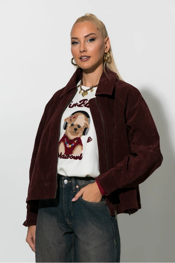 Jacket σουεντ με φερμουάρ μπορντό