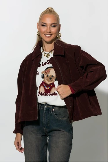 Jacket σουεντ με φερμουάρ μπορντό