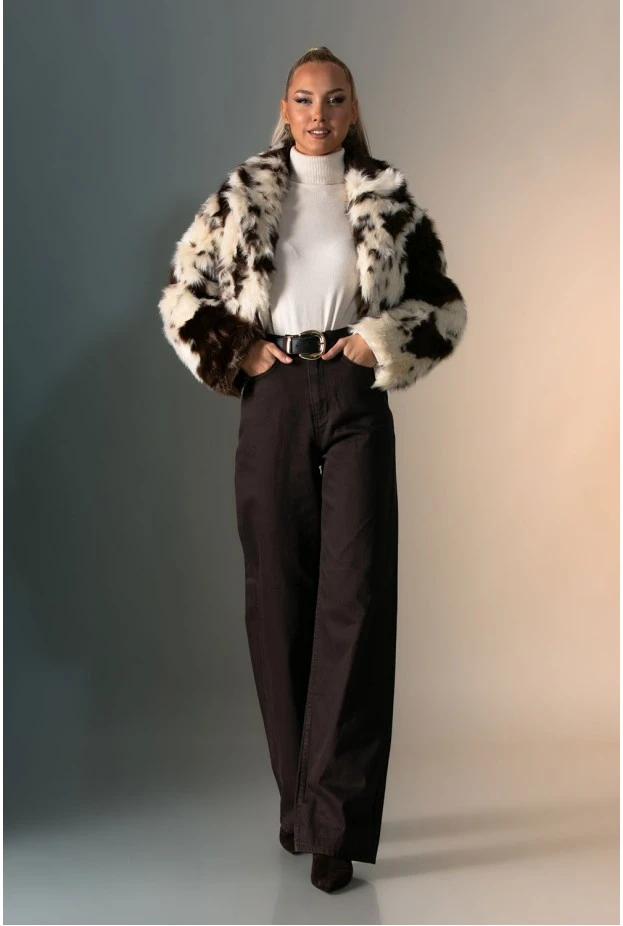 Γούνινο jacket cow print με γιακά μπεζ
