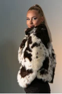 Γούνινο jacket cow print με γιακά μπεζ