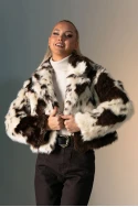 Γούνινο jacket cow print με γιακά μπεζ
